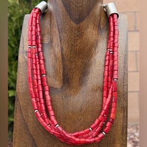 Sterling Silver Multi Strand Red Coral Pearls Bead Necklace 22 Inch